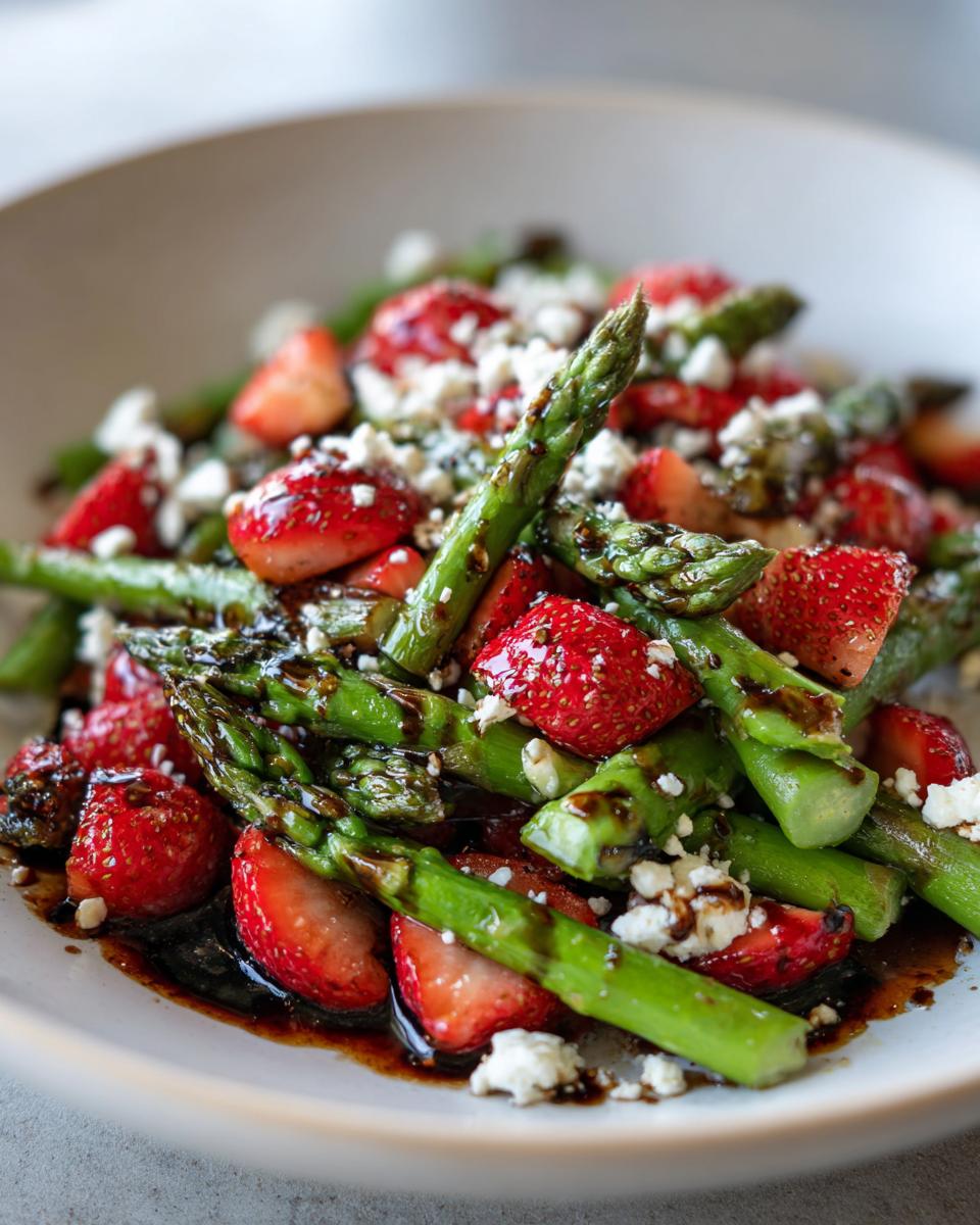 Nahaufnahme eines köstlichen Spargelsalat mit Erdbeeren, zerbröseltem Käse und dunklem Balsamico-Dressing.