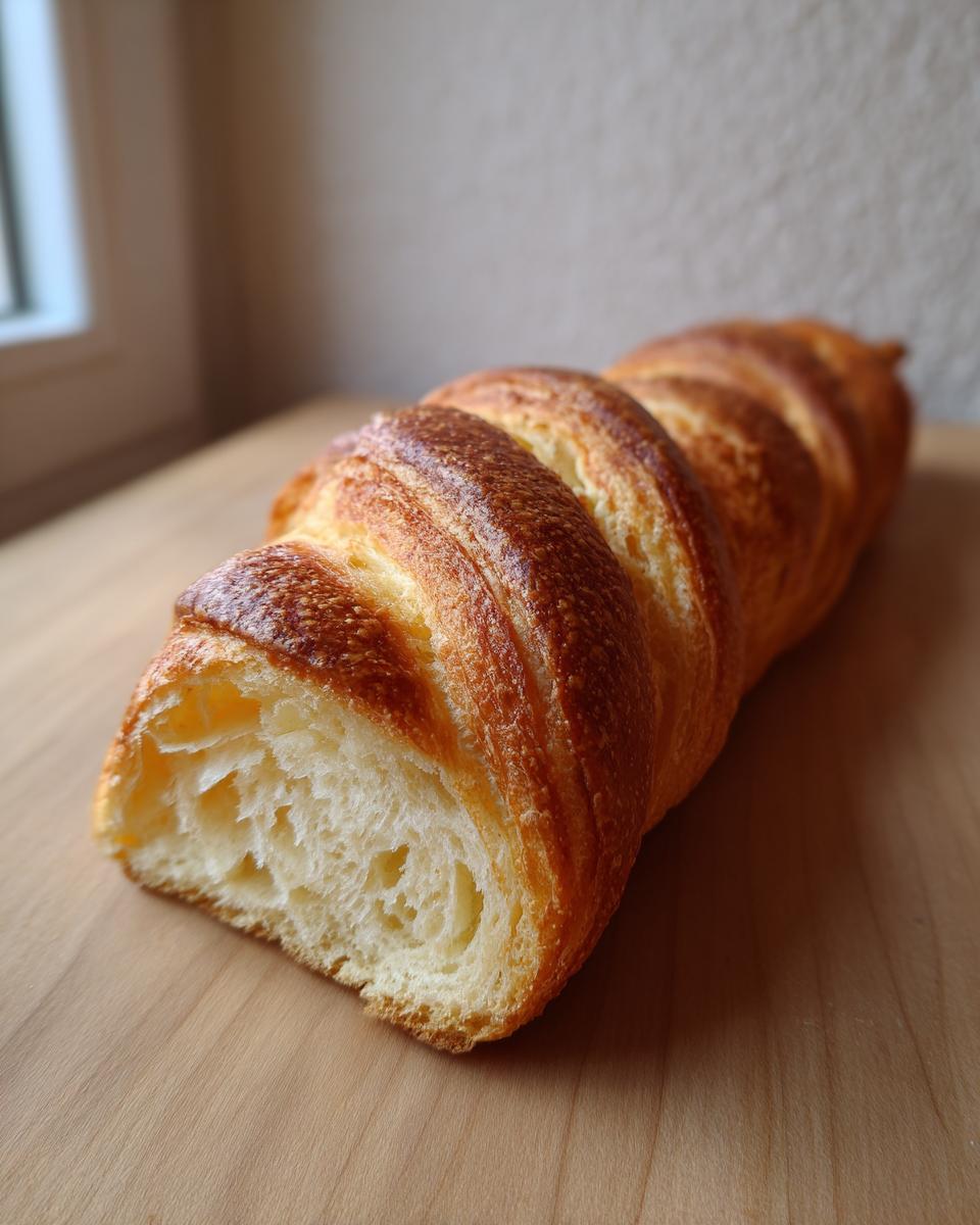 Angeschnittenes, goldbraun gebackenes Stockbrot mit luftiger Krume auf einem Holzbrett.