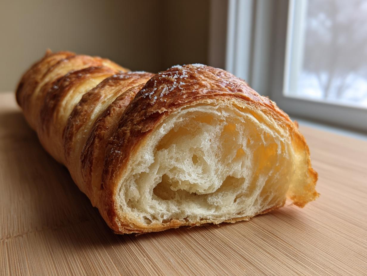 Anschnitt eines goldbraunen Gebäcks mit luftiger Krume, das den perfekten Teig für Stockbrot zeigt.