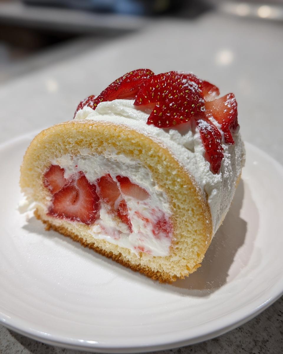 Nahaufnahme eines Anschnitts der Erdbeer-Biskuitrolle, gefüllt mit Sahne und Erdbeeren, bestäubt mit Puderzucker.