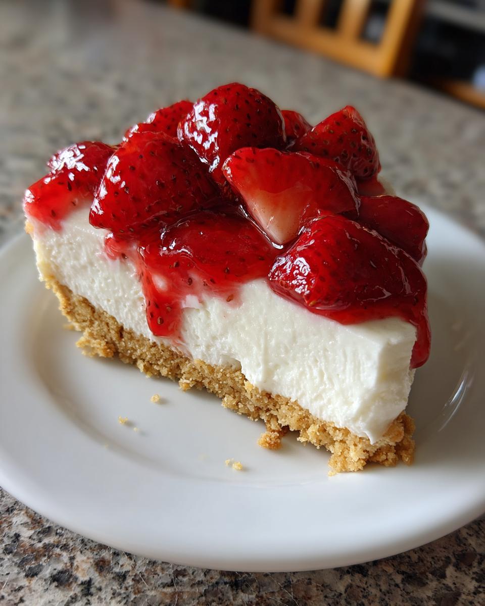 Ein Stück cremiger Erdbeer-Käsekuchen mit Keksboden und glasierten Erdbeeren auf einem weißen Teller.