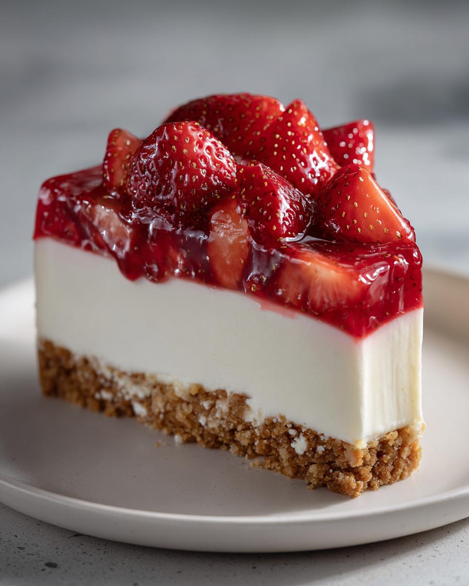 Nahaufnahme eines cremigen Stücks Erdbeer-Käsekuchen mit Keksboden und glänzender Erdbeerschicht.
