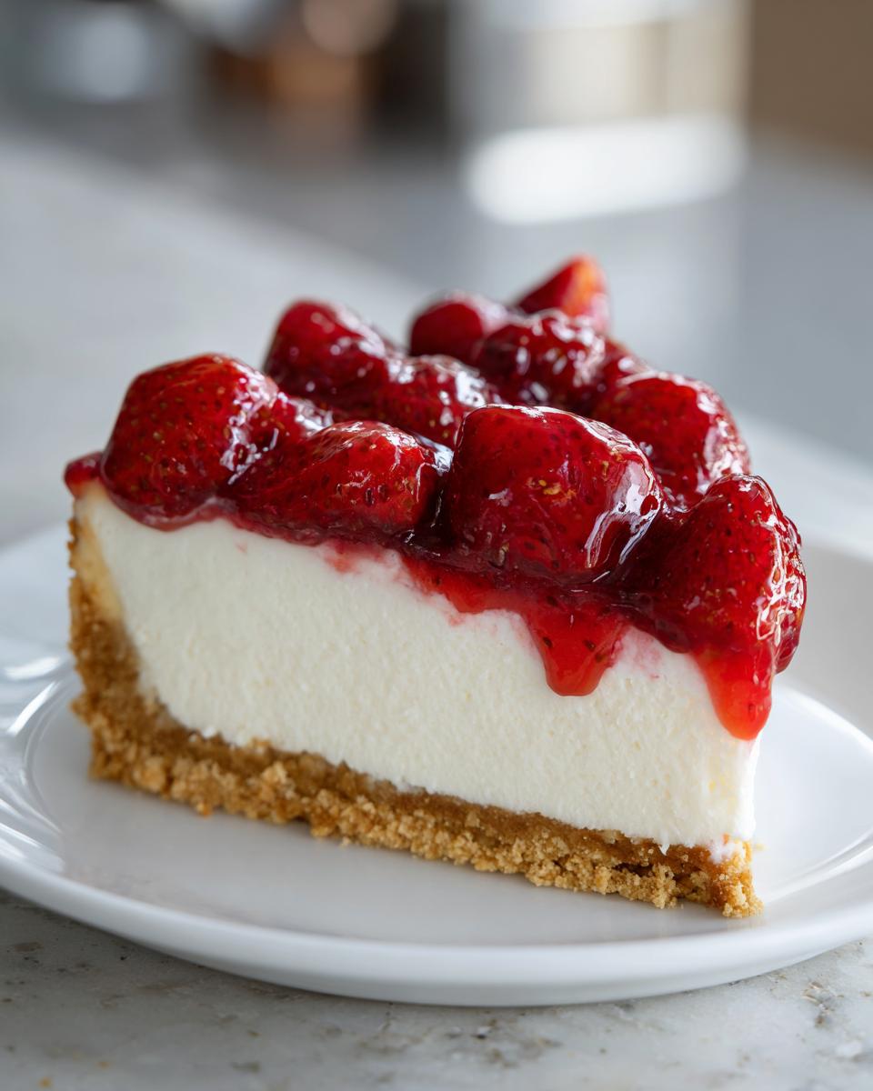 Nahaufnahme eines cremigen Stücks Erdbeer-Käsekuchen mit dickem Keksboden und glänzendem Erdbeer-Topping.