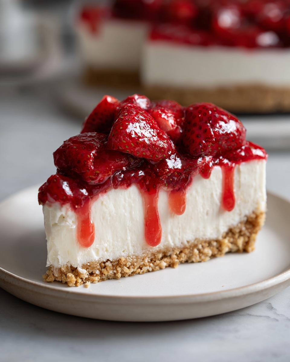 Ein Stück cremiger Erdbeer-Käsekuchen mit Keksboden und glänzendem Erdbeer-Topping auf einem Teller.