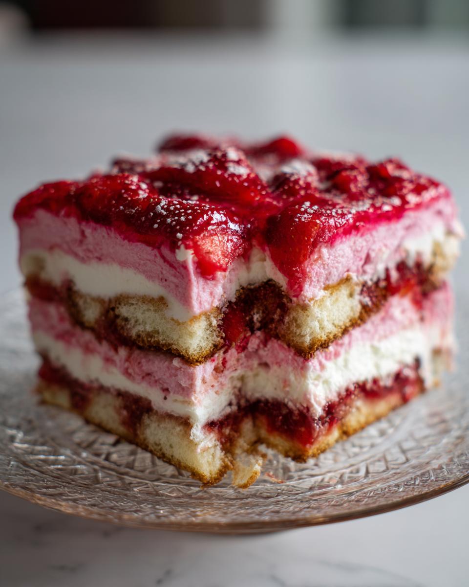 Nahaufnahme eines Stücks Erdbeer Tiramisu mit Schichten aus Biskuit, Creme und Erdbeermus auf einem Glas-Teller.