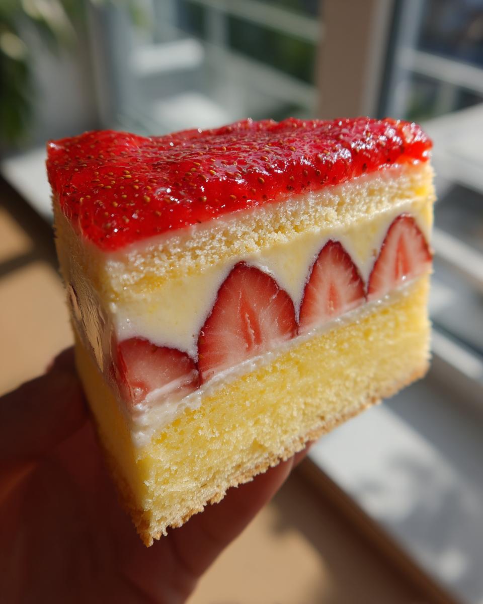 Nahaufnahme eines Stücks Erdbeerkuchen mit Pudding, das in der Hand gehalten wird und eine Schicht Erdbeeren zeigt.