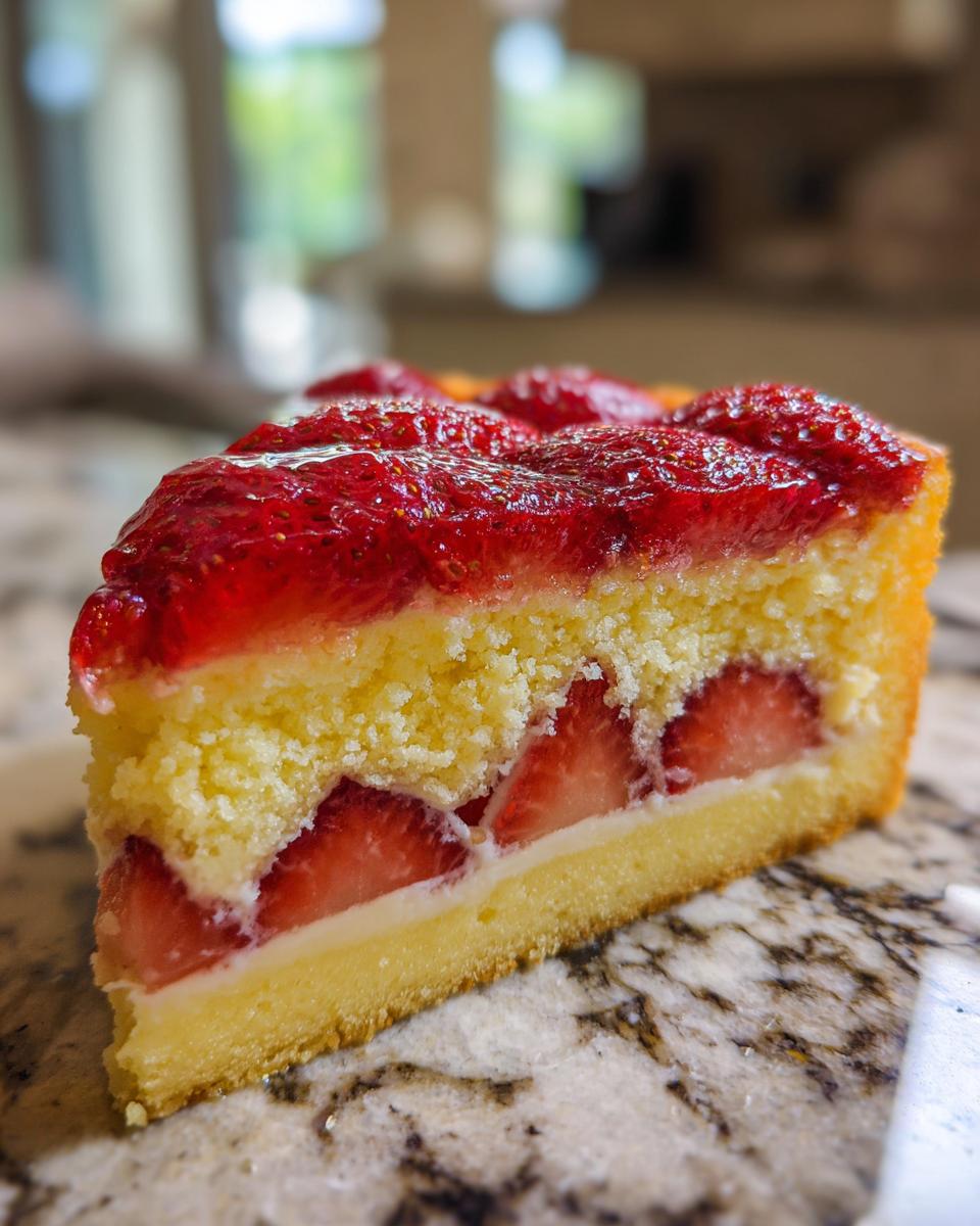 Nahaufnahme eines saftigen Stücks Erdbeerkuchen mit Pudding, das auf einer Marmorplatte liegt.