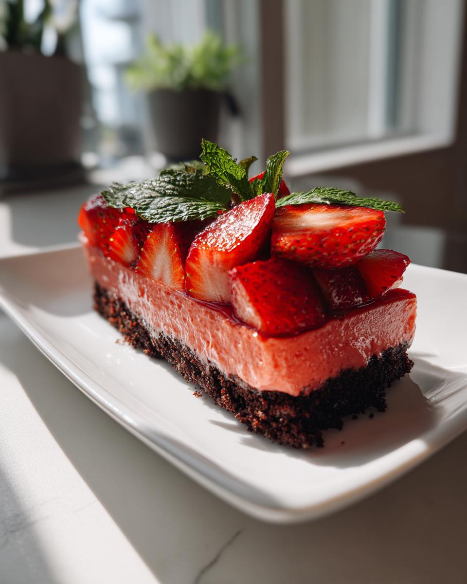 Ein Stück Erdbeermousse-Torte mit dunklem Boden, belegt mit frischen Erdbeeren und Minze.