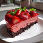 Ein Stück Erdbeermousse-Torte mit Schokoboden, belegt mit Erdbeeren und Minze.