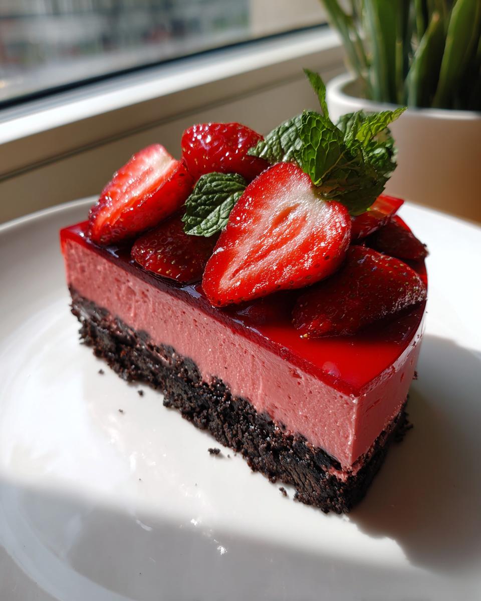 Ein Stück Erdbeermousse-Torte mit dunklem Boden, rosa Mousse und glänzender Erdbeerschicht, garniert mit Erdbeeren und Minze.