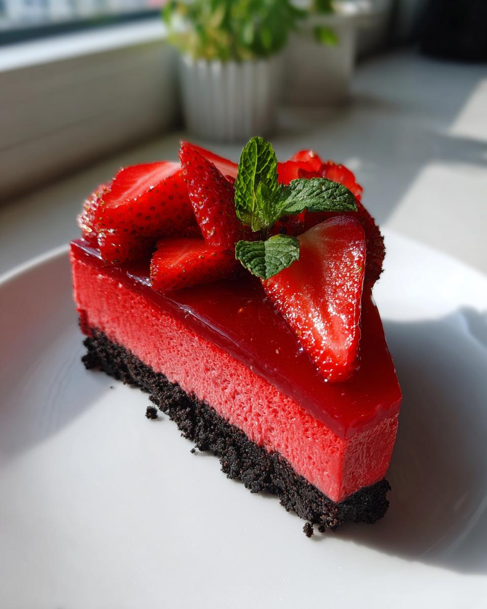 Ein Stück leuchtend rote Erdbeermousse-Torte mit dunklem Keksboden, belegt mit Erdbeerscheiben und Minze.