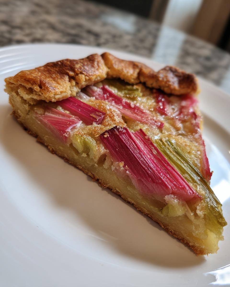 Ein angeschnittenes Stück Rhabarber Galette mit knusprigem Rand auf einem weißen Teller.