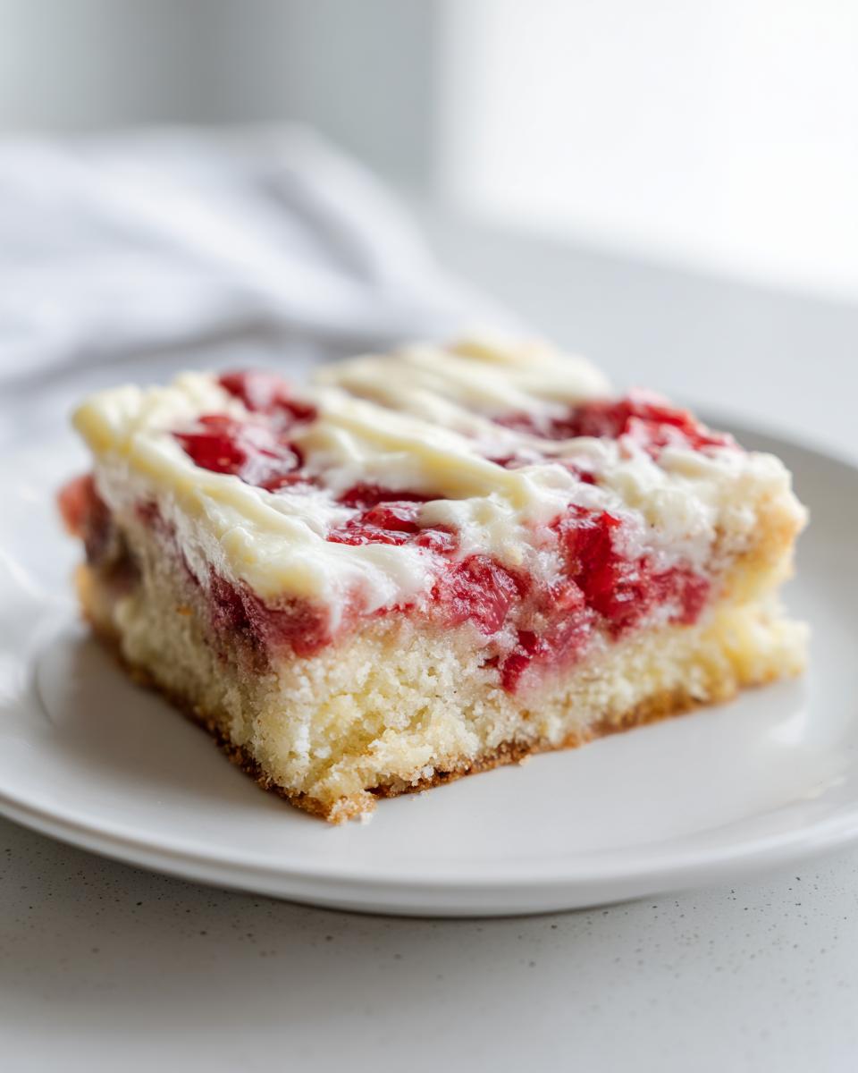Ein Stück saftiger Rhabarber-Schmandkuchen mit einer weißen Schmanddecke auf einem weißen Teller.