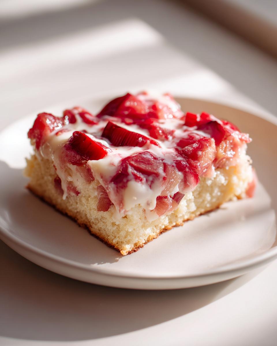 Ein Stück Rhabarber-Schmandkuchen mit leuchtend roten Rhabarberstücken und cremiger Schmanddecke auf einem hellen Teller.