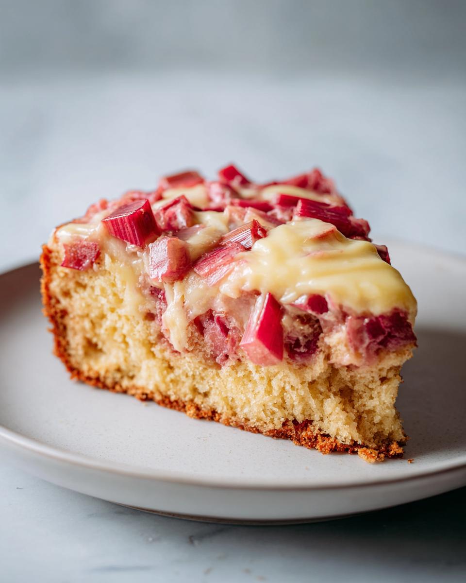 Nahaufnahme eines Kuchenschnitts vom Rhabarber-Schmandkuchen mit saftigem Boden und leuchtend roten Rhabarberstücken.