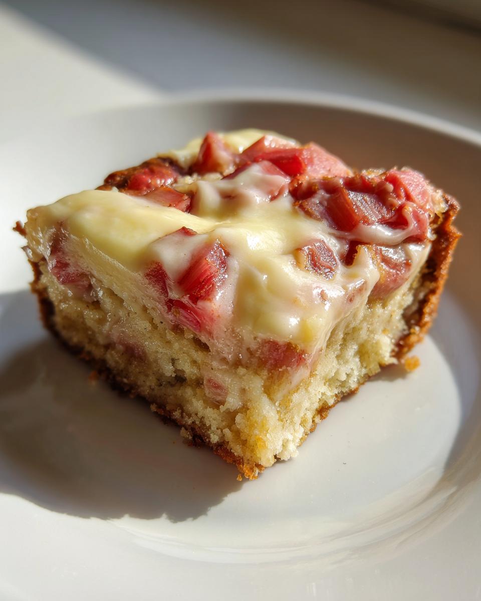 Ein Stück Rhabarber-Schmandkuchen auf einem weißen Teller, mit saftigem Rhabarber und cremiger Schmanddecke.