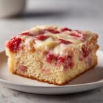 Nahaufnahme eines saftigen Stücks Rhabarber-Schmandkuchen mit cremiger Schmanddecke auf einem weißen Teller.