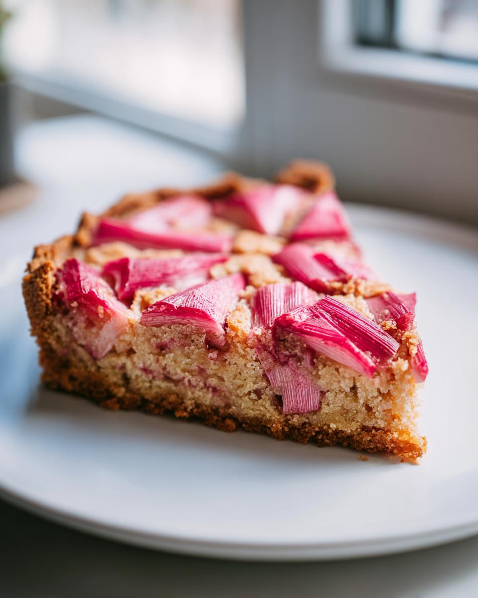 Nahaufnahme eines Kuchenschnitts einer Rhabarber-Tarte mit leuchtend rosa Rhabarberstücken auf hellem Teller.