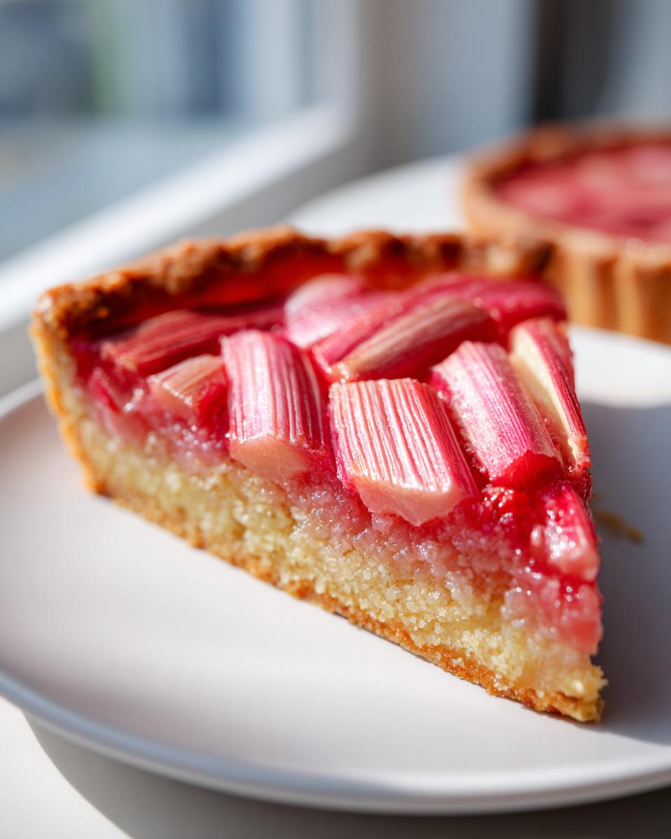 Nahaufnahme eines köstlichen Stücks Rhabarber-Tarte mit leuchtend rosa Rhabarberstücken auf hellem Kuchenboden.
