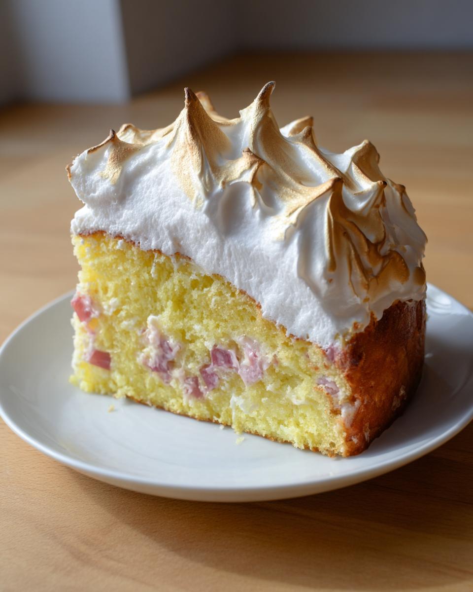 Ein saftiges Stück Rhabarberkuchen mit Baiser, das auf einem weißen Teller liegt.