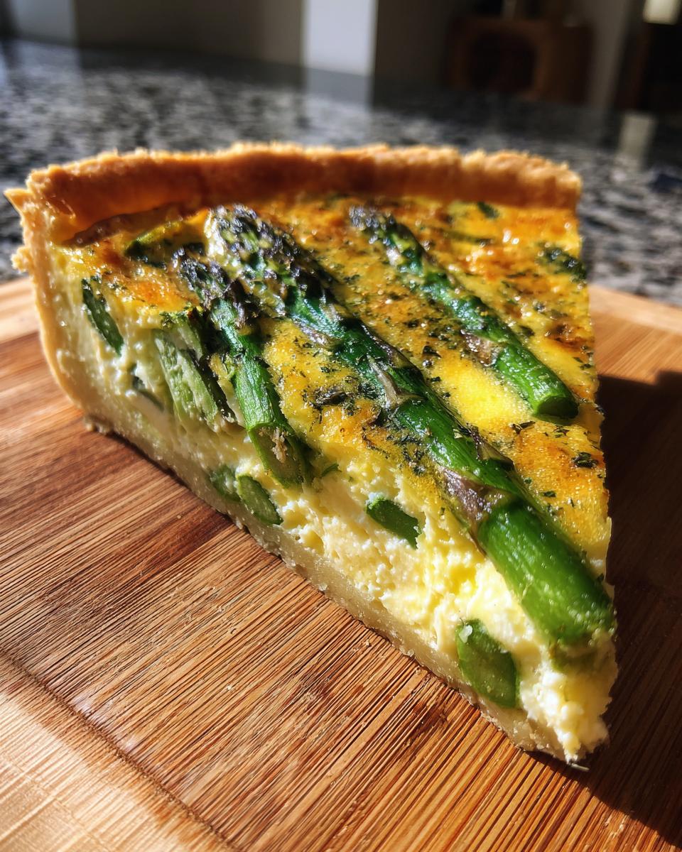 Nahaufnahme eines Stücks Spargelquiche mit grünem Spargel in einer cremigen Eierfüllung auf einem Holzbrett.