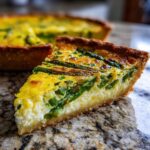 Nahaufnahme eines Stücks Spargelquiche mit grünem Spargel und goldbraunem Mürbeteigboden.