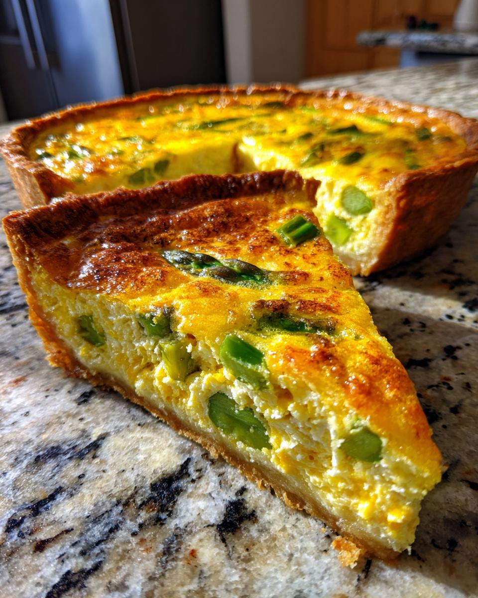 Ein angeschnittenes Stück Spargelquiche mit viel grünem Spargel und goldgelber Füllung auf einer Marmorplatte.