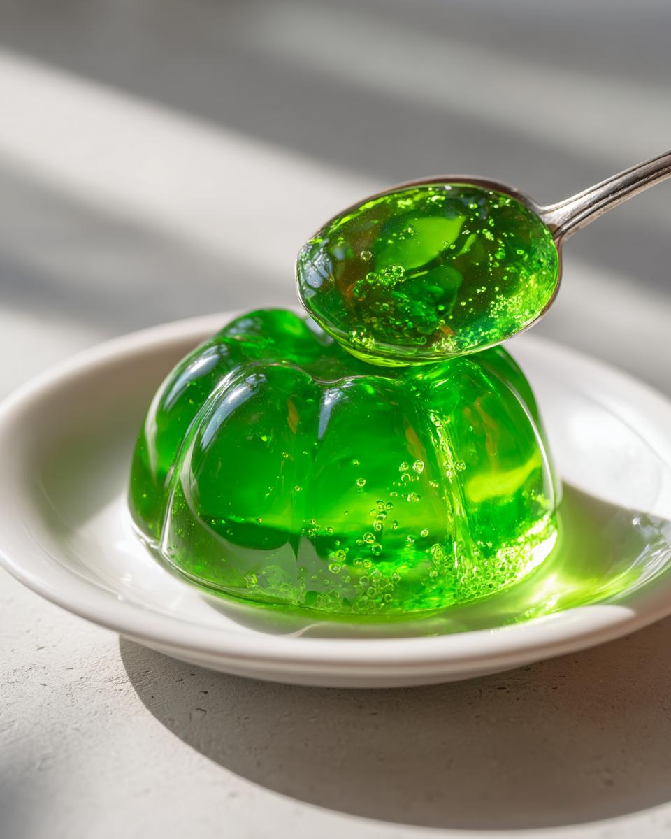 Ein leuchtend grünes, glänzendes Waldmeister-Gelee in einer Förmchenform, mit einem Löffel voller Gelee darüber.