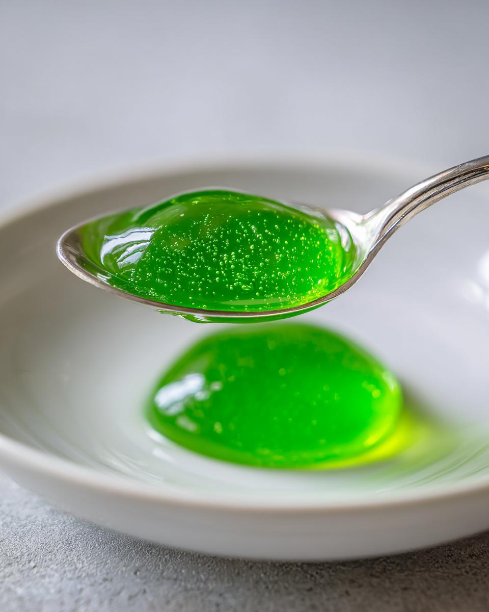 Nahaufnahme von leuchtend grünem Waldmeister-Gelee, das auf einem silbernen Löffel gehalten wird, mit einem Klecks Gelee in einer weißen Schale darunter.