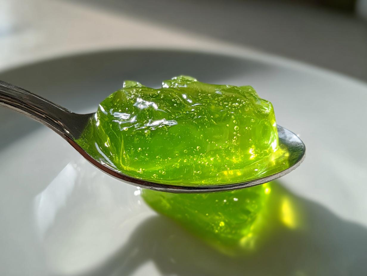 Nahaufnahme von einem Stück leuchtend grünem Waldmeister-Gelee auf einem silbernen Löffel.