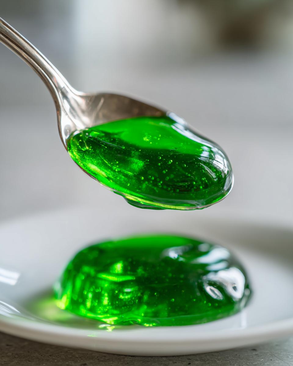 Nahaufnahme von leuchtend grünem Waldmeister-Gelee, das von einem silbernen Löffel tropft, über einem Stück Gelee auf einem weißen Teller.
