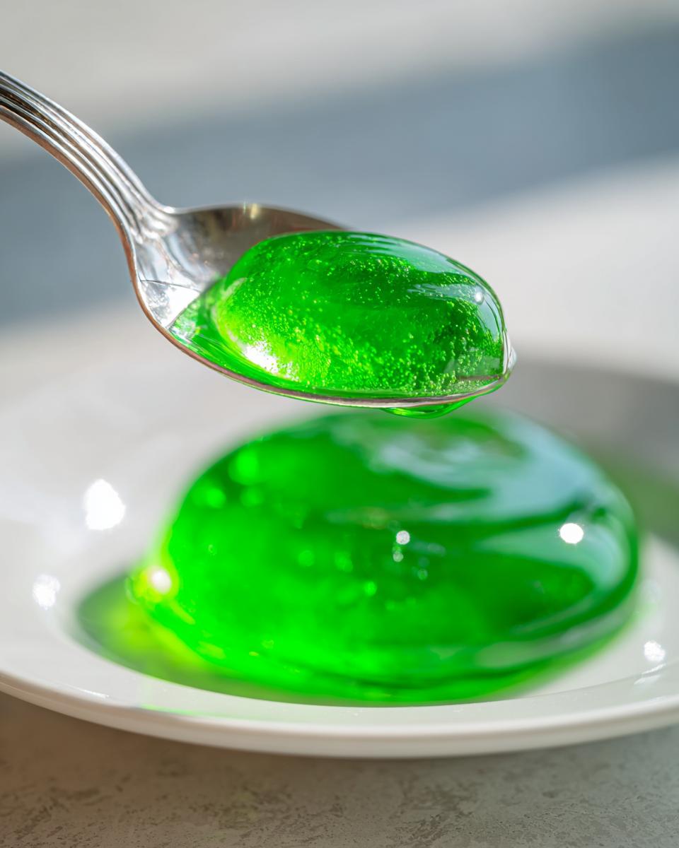 Nahaufnahme von leuchtend grünem Waldmeister-Gelee, das von einem silbernen Löffel tropft.