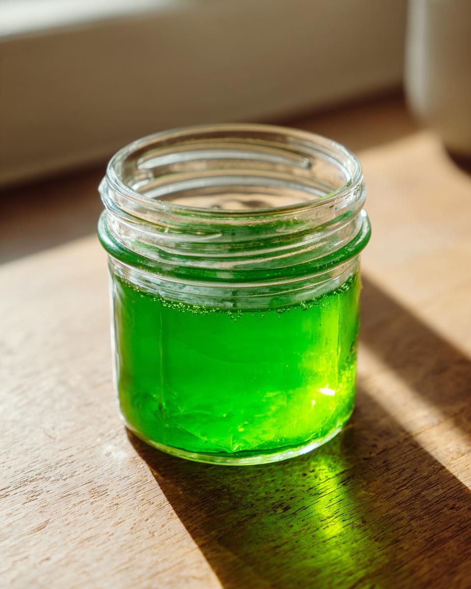 Ein Glas mit leuchtend grünem Waldmeistergelee, das im Sonnenlicht auf einem Holztisch steht.