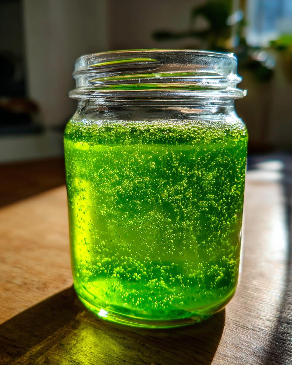 Nahaufnahme von leuchtend grünem Waldmeistergelee mit vielen kleinen Bläschen in einem Glas auf Holz.