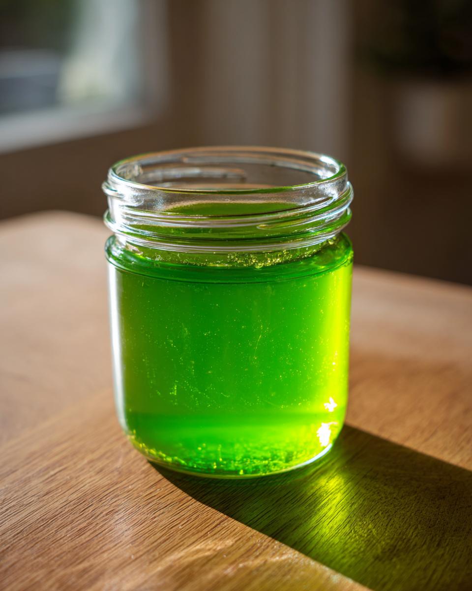 Ein Glas mit leuchtend grünem Waldmeistergelee, das im Sonnenlicht auf einem Holztisch steht.