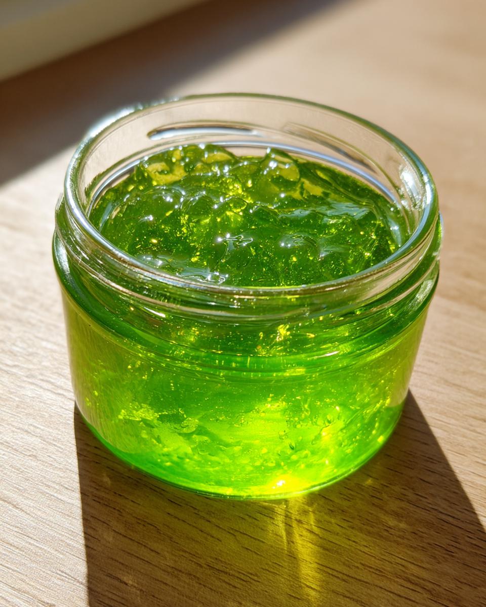 Nahaufnahme von leuchtend grünem Waldmeistergelee in einem kleinen Glas auf Holzoberfläche.