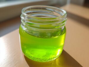 Nahaufnahme von leuchtend grünem Waldmeistergelee in einem kleinen Glas, das im Sonnenlicht glänzt.