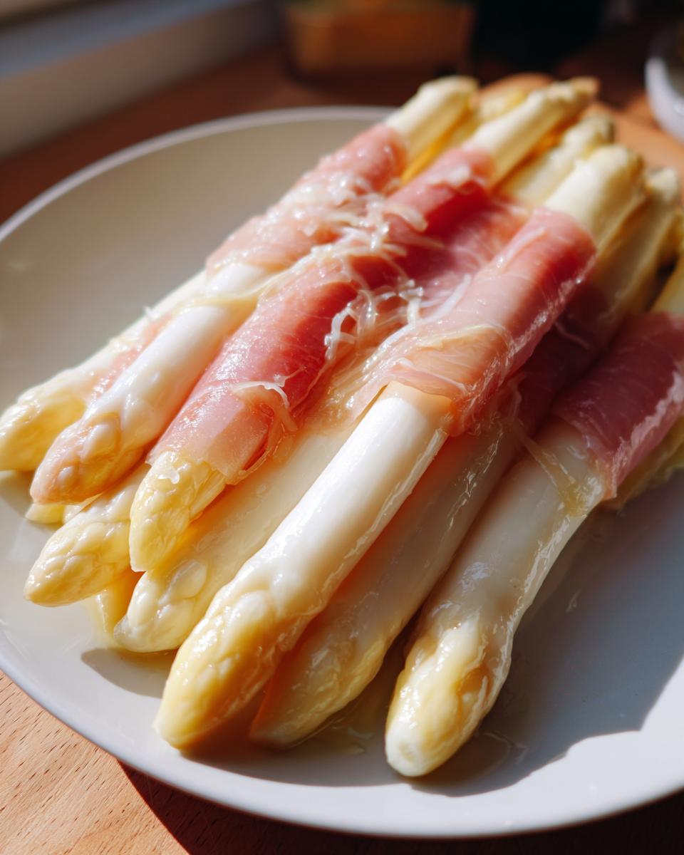 Nahaufnahme von gekochtem Weißem Spargel mit Schinken umwickelt, angerichtet auf einem Teller.