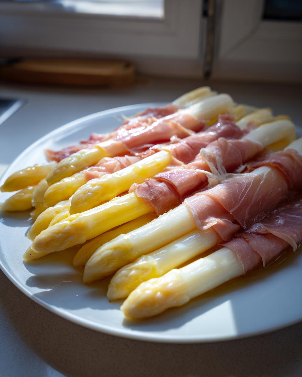 Gekochter Weißer Spargel mit Schinken umwickelt, angerichtet auf einem weißen Teller.