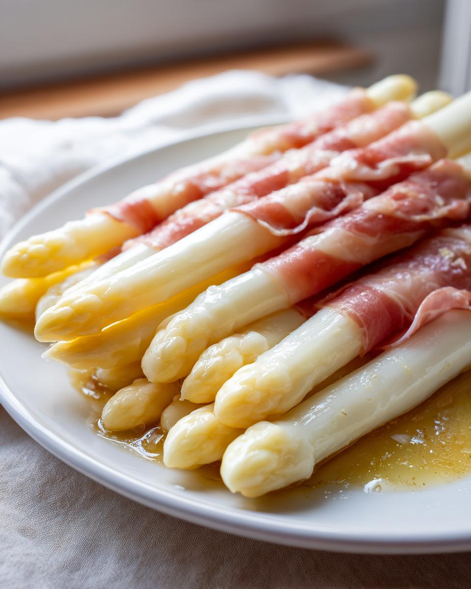 Gekochter Weißer Spargel mit Schinken, angerichtet auf einem Teller mit etwas Sauce.
