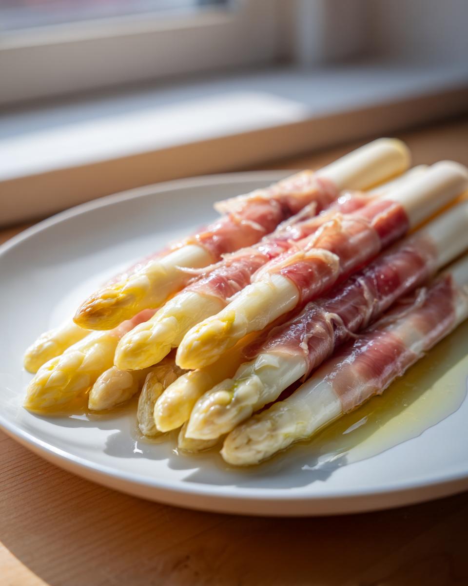 Gekochter Weißer Spargel mit Schinken umwickelt, angerichtet auf einem weißen Teller.