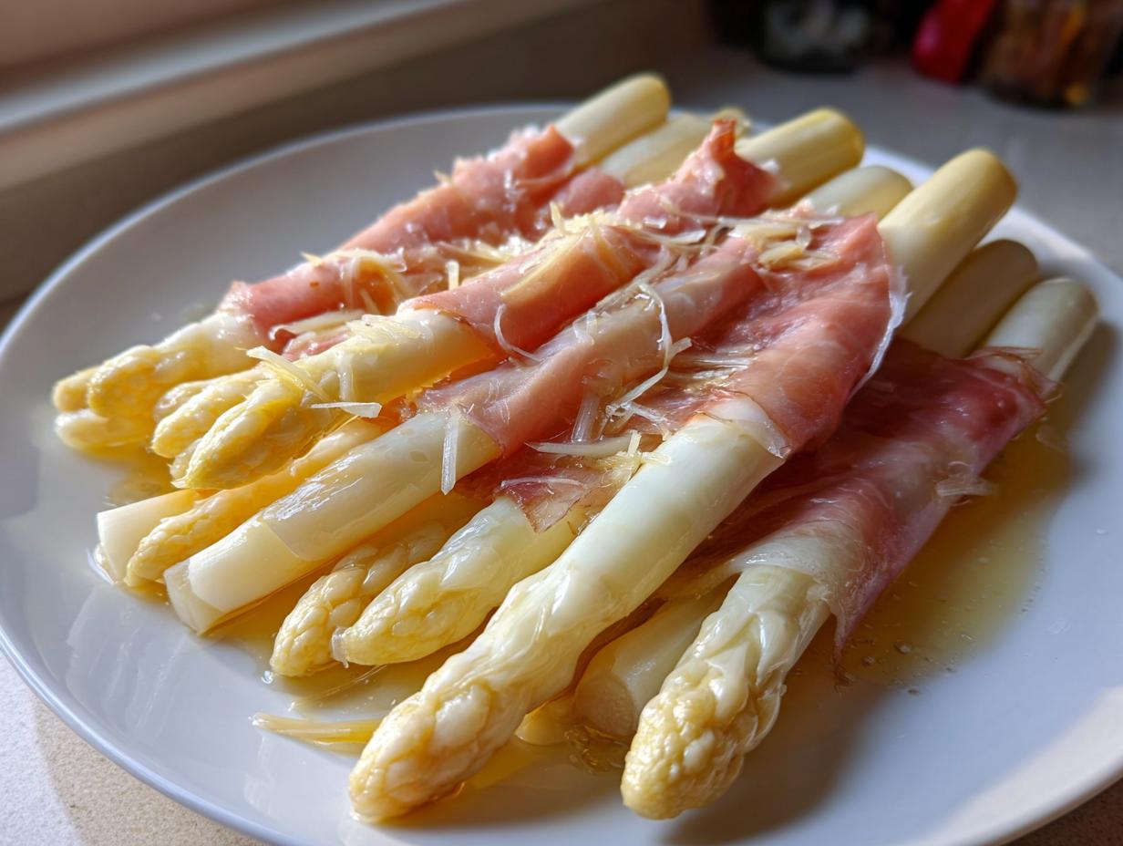 Nahaufnahme von gekochtem Weißem Spargel mit Schinken und geriebenem Käse, serviert auf einem Teller.