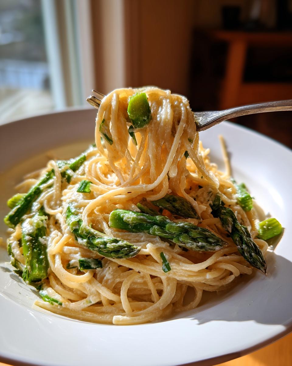Nahaufnahme von Zitronenpasta mit grünem Spargel, die gerade mit einer Gabel hochgezogen wird.