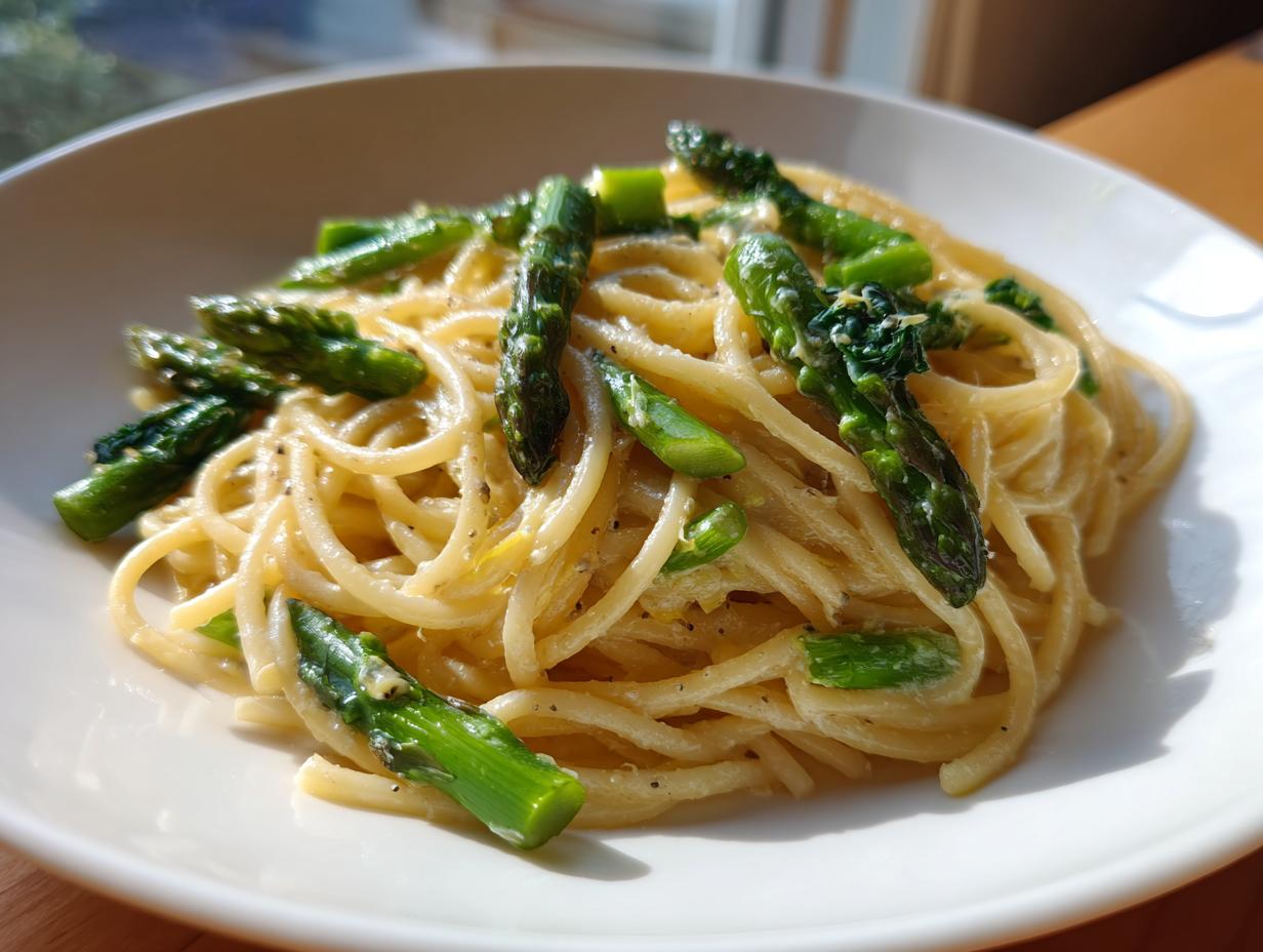 Nahaufnahme einer cremigen Zitronenpasta mit grünem Spargel in einem weißen Teller.
