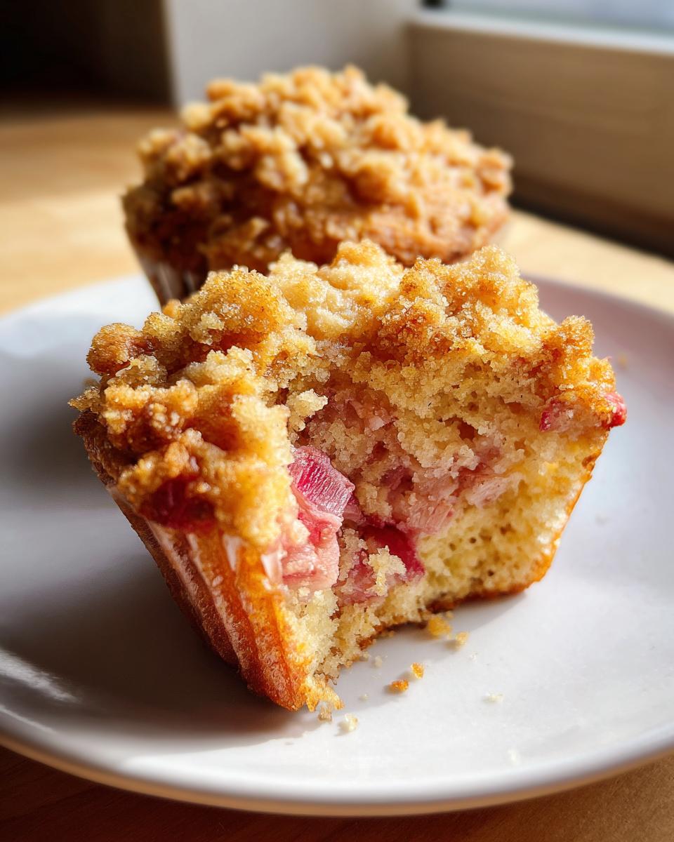 Angeschnittener Rhabarber-Muffin mit saftigem Inneren und knusprigen Streuseln, perfekt für Rhabarber-Muffins.