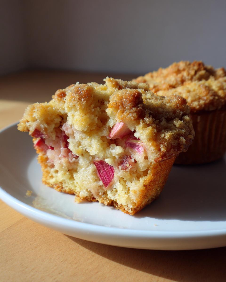Angeschnittener Rhabarber-Muffin mit saftigem Inneren und knusprigen Streuseln auf einem weißen Teller.