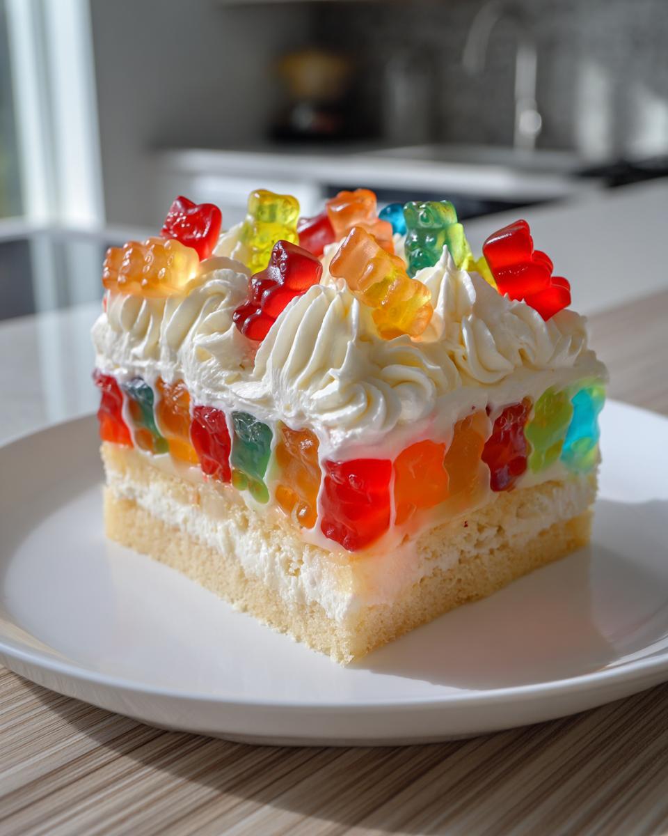 Ein Stück bunte Gummibärchen-Torte mit Biskuitboden, Sahne und bunten Gummibärchen in der Mitte.