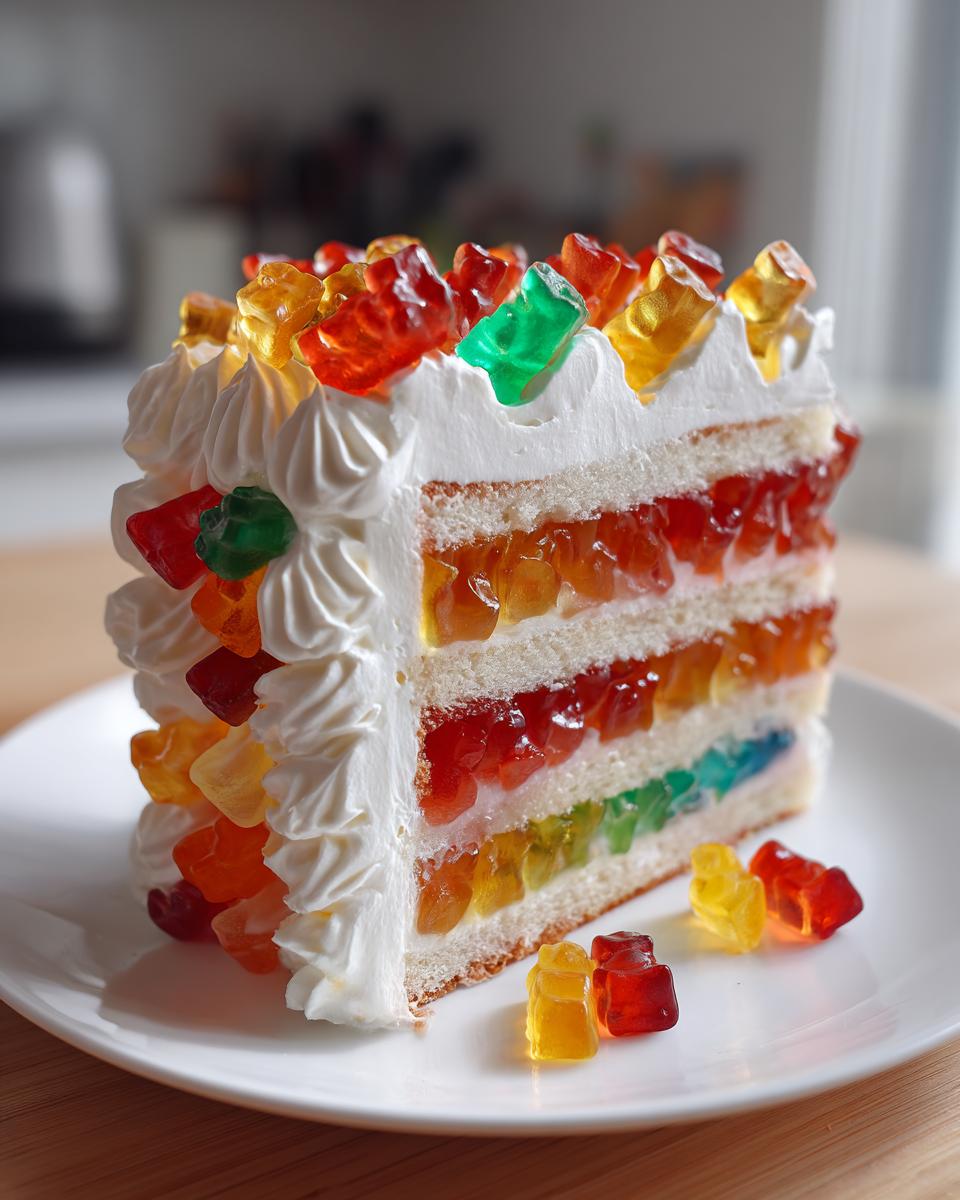 Ein saftiges Stück Gummibärchen-Torte mit bunten Gummibärchen-Schichten und Sahne.