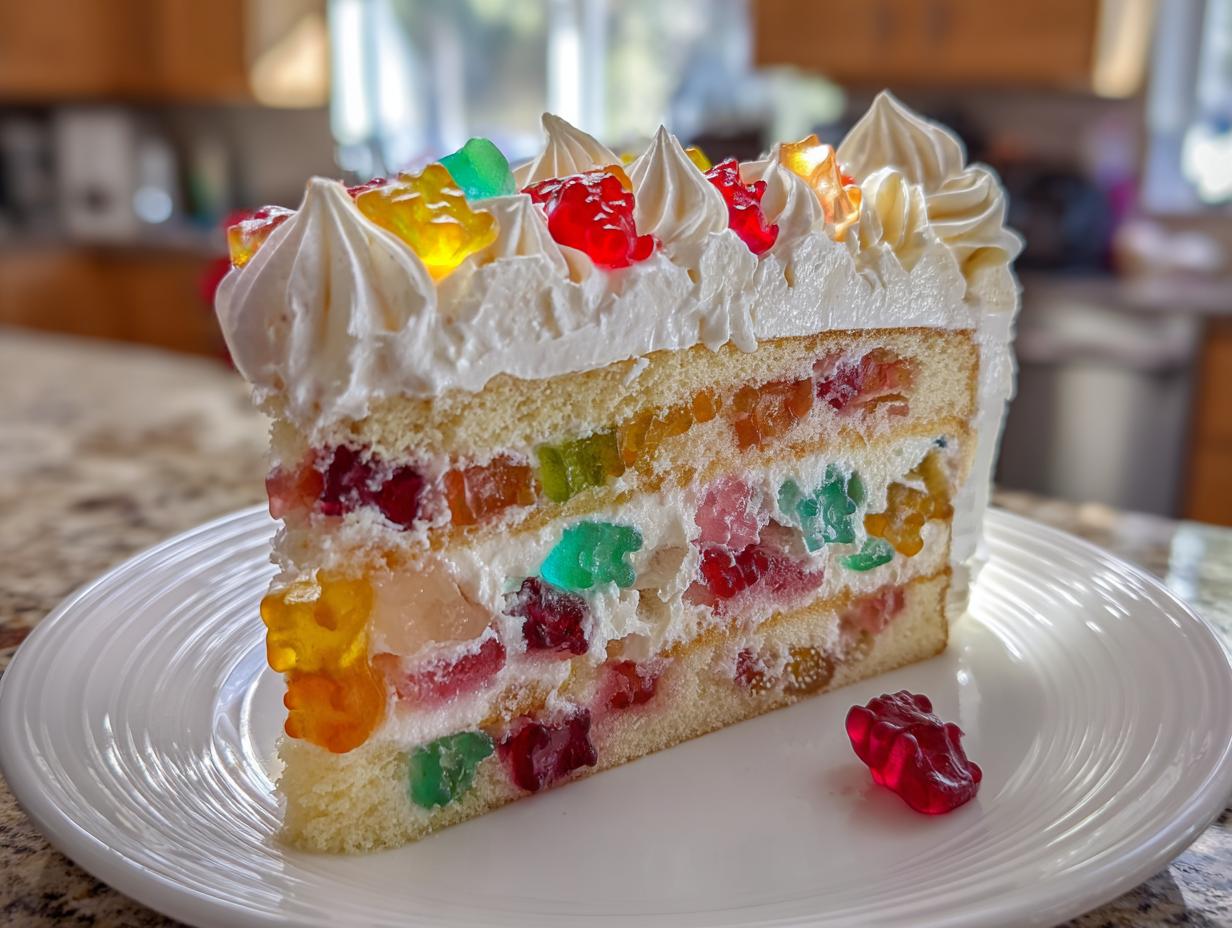 Ein großes Stück Gummibärchen-Torte mit bunten Gummibärchen in der Füllung und Sahnetupfern.