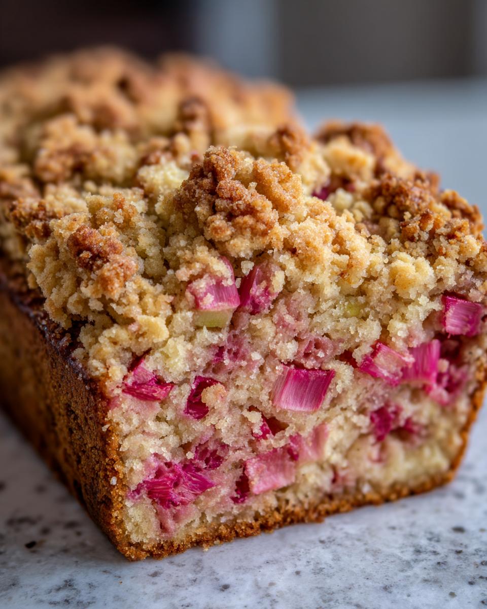 Nahaufnahme des Anschnitts eines saftigen Rhabarberkuchen mit Streusel, mit sichtbaren rosa Rhabarberstücken.